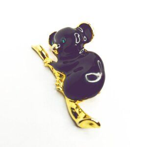 Vintage Gold-Tone Black Enamel Koala Brooch Pin On Branch